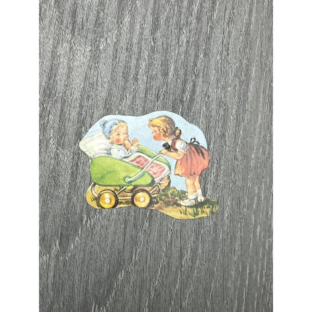 Vintage Die-Cut Scrap Art Girl Baby Carriage Ephemera Collectible